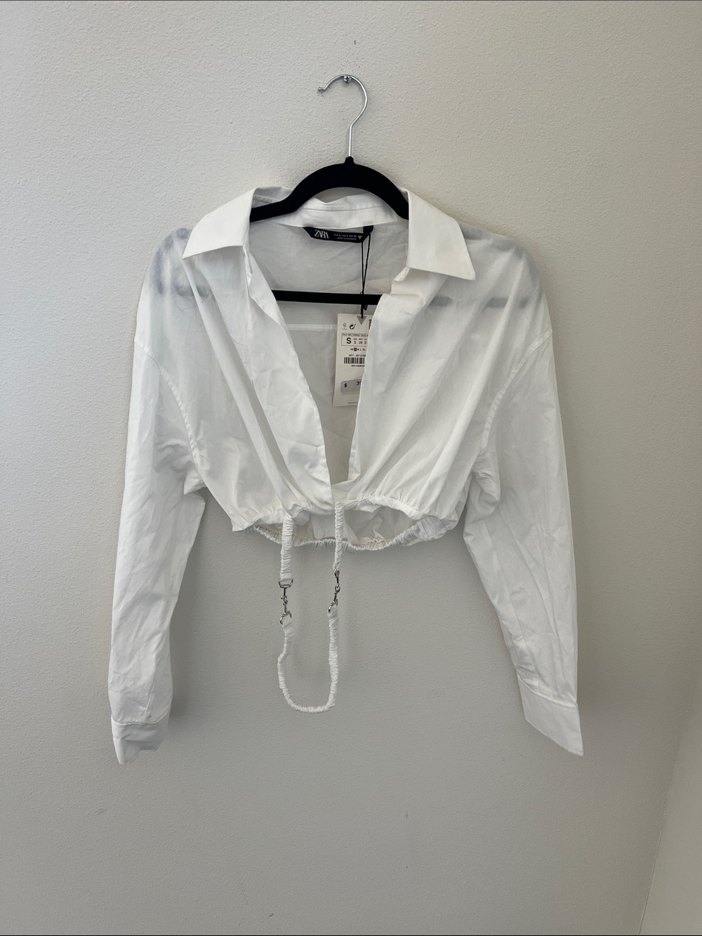 Zara White Cropped Drawstring Button-Down Shirt with Collar